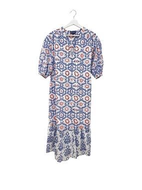 Ro's Garden Dress Womens Medium Blue Red Floral Cotton Ruffle Shift Boho Midi